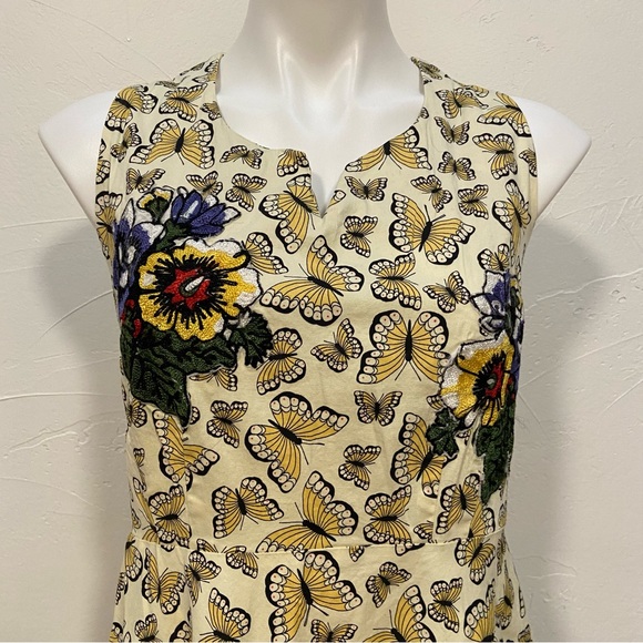 NIZA SPAIN YELLOW BUTTERFLY PRINT EMBROIDERED RIBBON SPLIT NECK SLEEVELESS DRESS - Picture 4 of 16